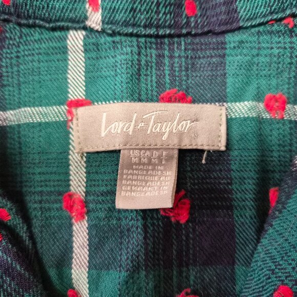 Lord&Taylor Cotton Plaid Nightshirt Pajama Top M Green with Red Embroidered Dots - Picture 3 of 6